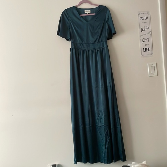 Satin Tie Waist Maxi Dress with Side Slit | Deep Teal - Picture 4 of 7